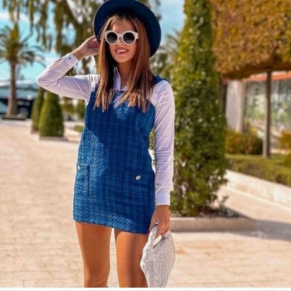Zara Blue Tweed Jumper Dress Pinafore Mini Sleeveless Size Medium  With Pockets! - Picture 4 of 16